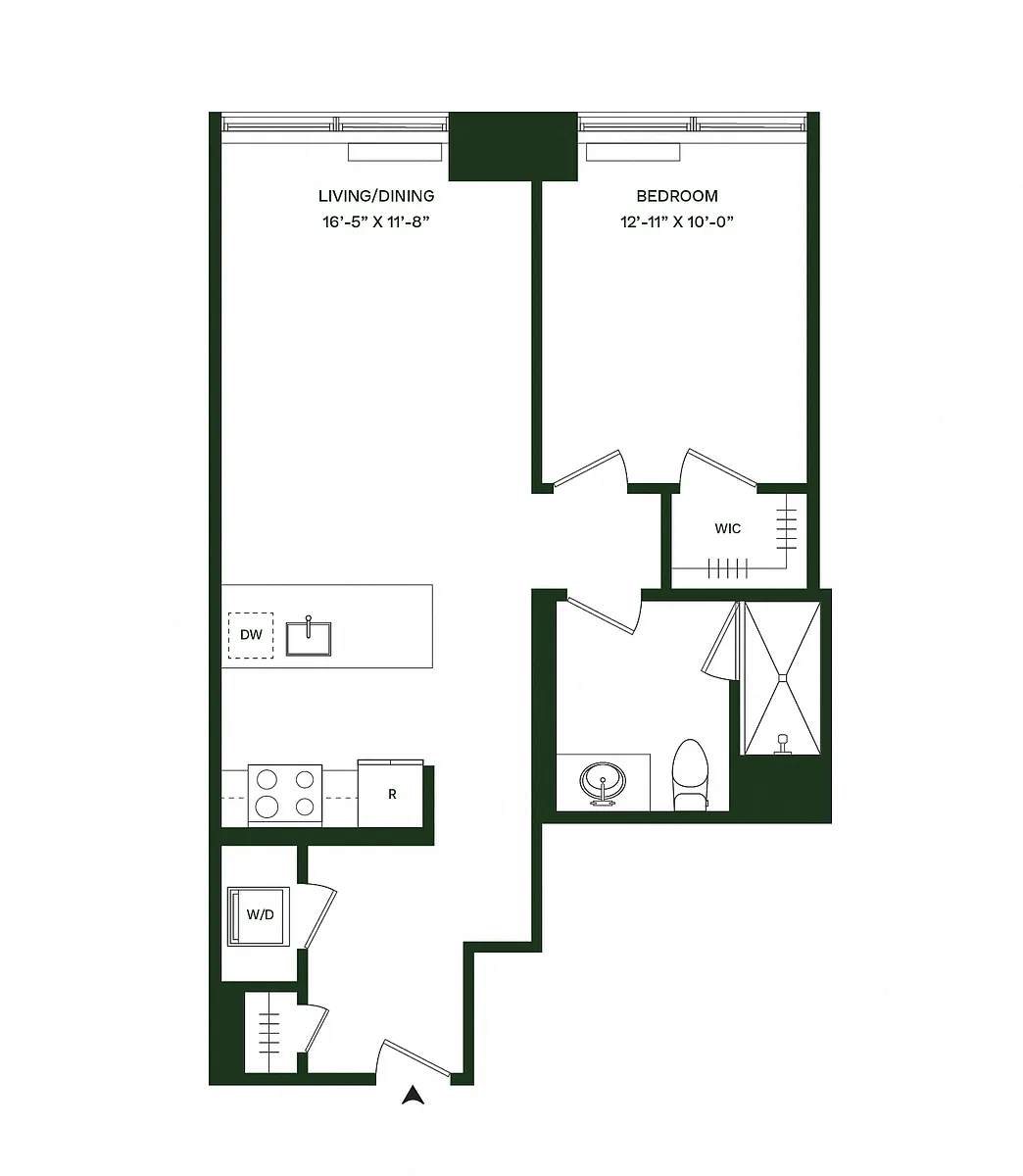 Floor plan Residence 04 - North: 1BR 1BA (Floor 44)