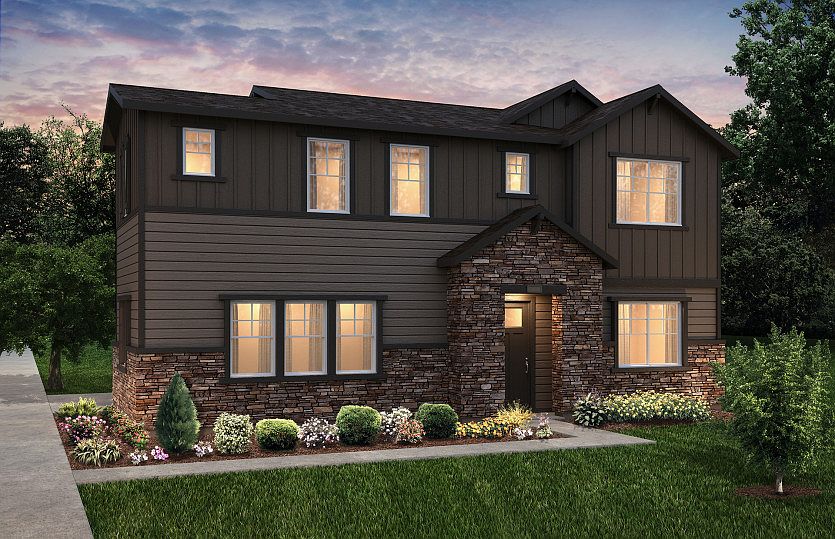 The Telluride shown in Elevation A is designed with classic shake siding and stylish stone accents.