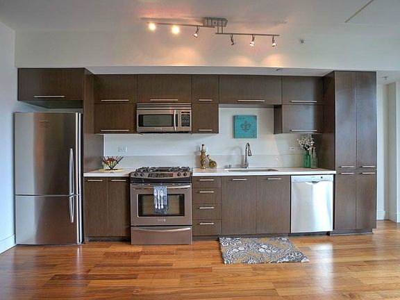 Kitchen with stainless steel appliances.