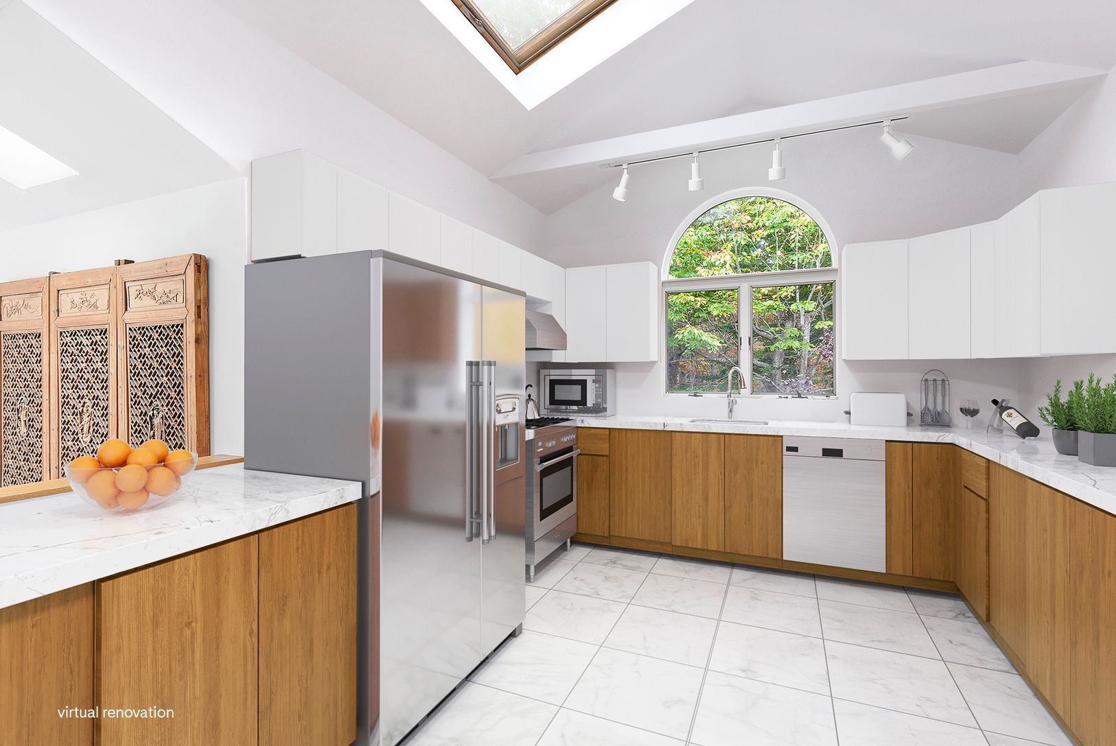  Seen here is a slight virtual upgrade of kitchen cabinets and counters but the choices are yours! 