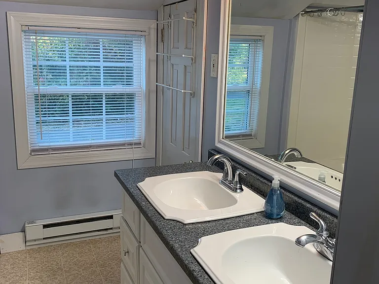 Bathroom double sink opposite shower/tub. Door to cellar crawl space shown at back right. Enter from bedroom. Window at front of house.