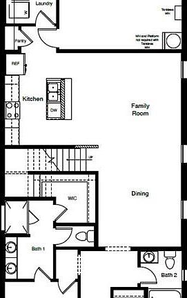 D.R. Horton's Sabine floorplan, 1st floor. All Home and community information, including pricing, included features, terms, availability and amenities, are subject to change at any time without notice or obligation. All Drawings, pictures, photographs, video, square footages, floor plans, elevations, features, colors and sizes are approximate for illustration purposes only and will vary from the homes as built.
