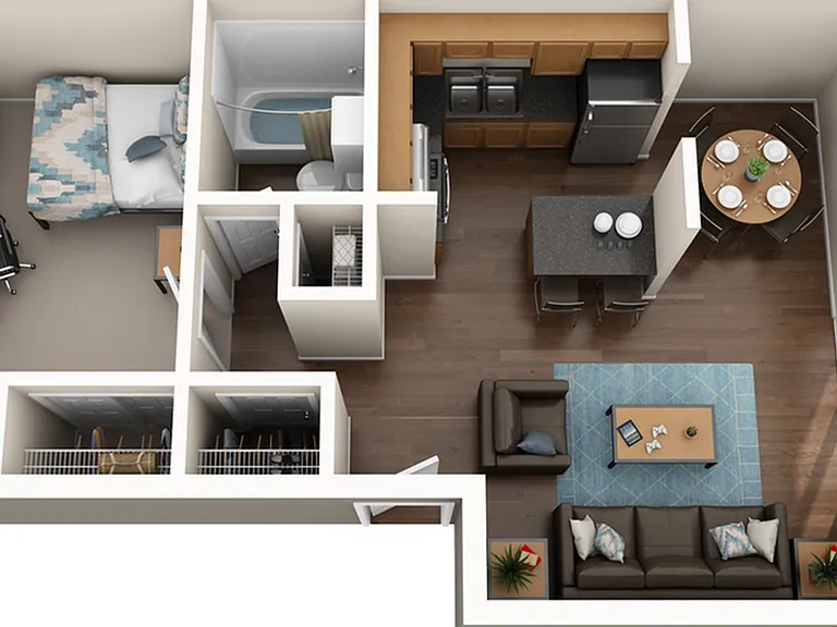 Chic 3D floor plan featuring 1 bedroom with a study area, modern kitchen with island, cozy living room, and elegant dining area, all with contemporary decor. Chic 3D floor plan featuring 1 bedroom with a study area, modern kitchen with island, cozy living