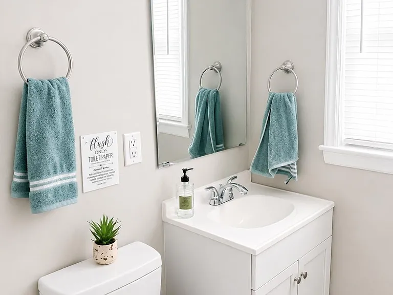 Clean bathroom with a single-sink vanity, mirrored cabinet, and window with blinds for everyday comfort and convenience.