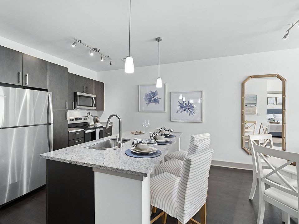 Contemporary Kitchen Featuring Granite Countertops and Pendant Lighting