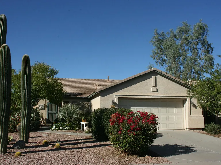 Stately front yard set away from the road with Arizona state saguero cactus!
