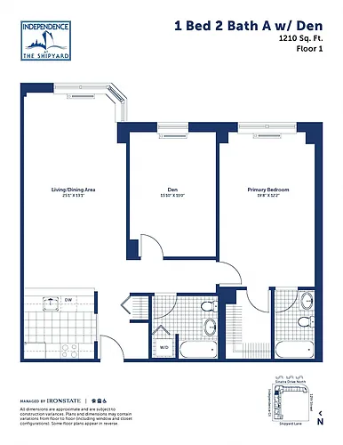 Floor plan 1 Bed 2 Bath A With Den