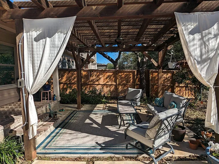 Covered patio with lights and fan