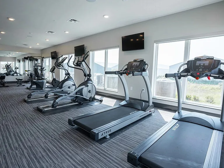 Treadmills and ellipticals in the gym at The Harbor.