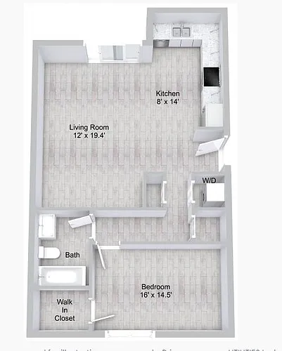 Floor plan 1WD- 1 Bedroom 1 Bath Renovated