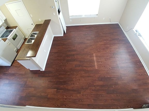 looking down on living/ kitchen