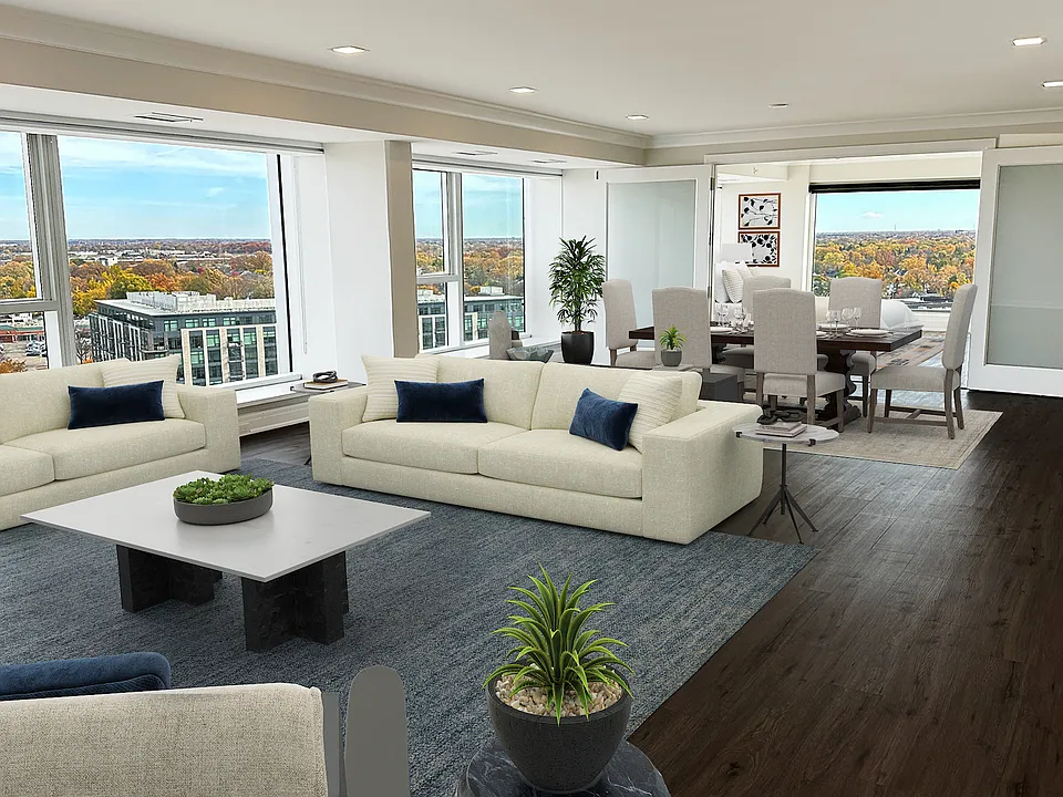 HUGE LIVING ROOM FABULOUS VIEWS TO THE DETROIT SKYINE AND CANADA, WOOD FLOORS 37FT. OF FLOOR TO CEILING WINDOWS