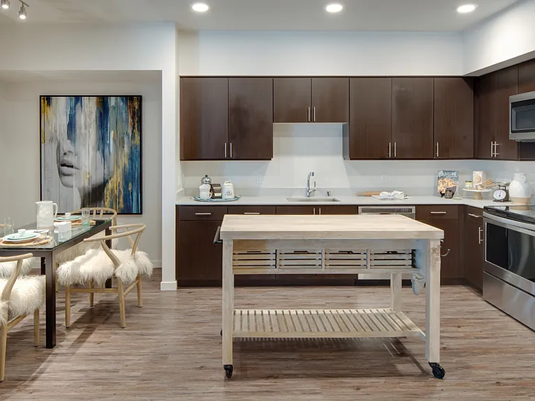 Open kitchen with movable island and espresso cabinetry | 787 The Alameda | Apartments for rent in San Jose, CA