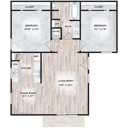 Floor plan 2 Bed 1 Bath W/D Reno