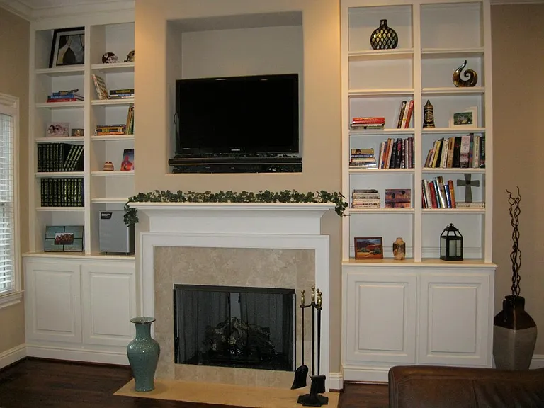 Bookshelves and fireplace in family room!
