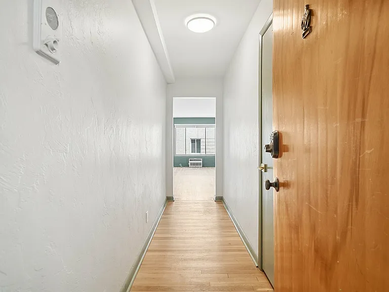 Inviting apartment hallway entrance with sleek wooden flooring and soft lighting leading into a bright living space.