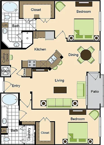 Floor plan Two Bedroom Two Bath (1293 SF)