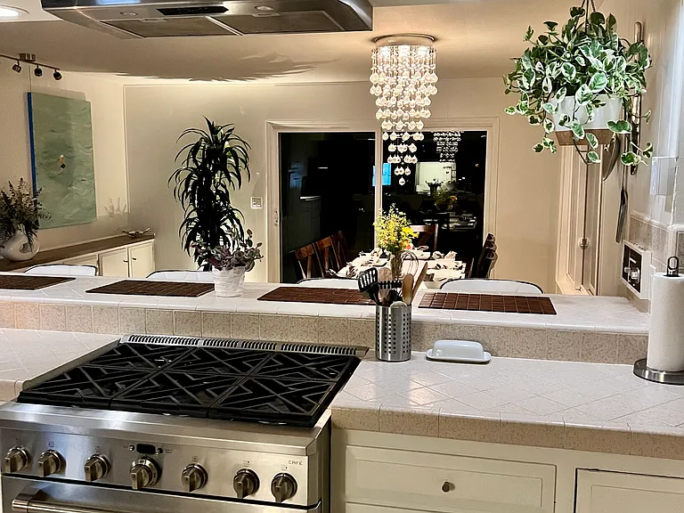 Chef's kitchen in the evening.