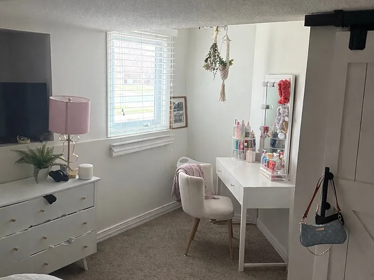 Downstairs bedroom with closet and under stairs storage.