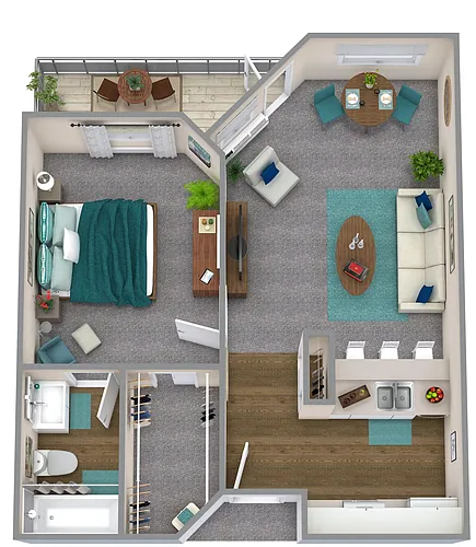 Floor plan One Bedroom - Hickory