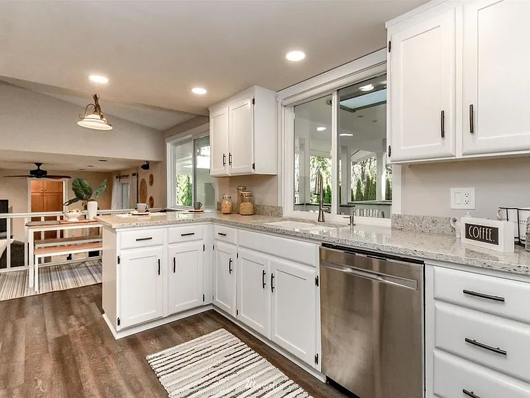 Eat in kitchen with view out to backyard and deck