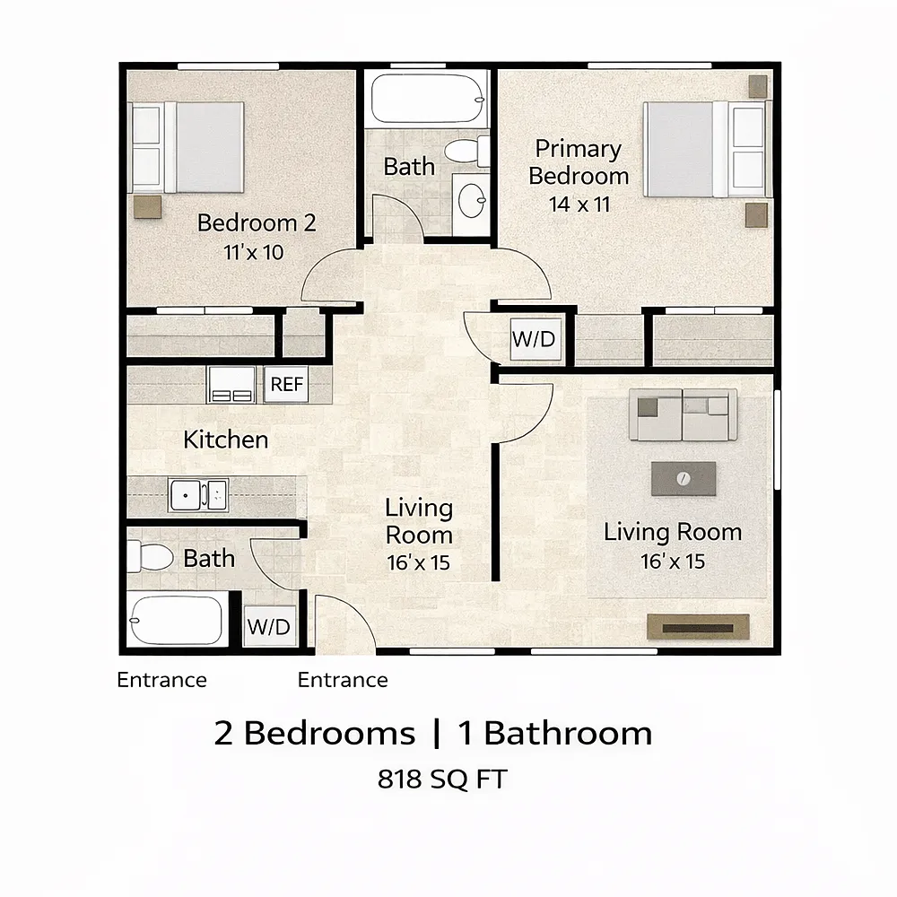 Floor plan 2 Bedroom 1 Bathroom