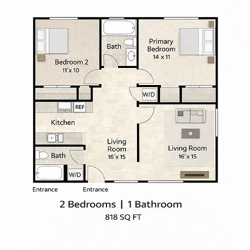 Floor plan 2 Bedroom 1 Bathroom
