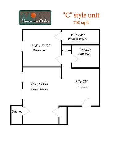 Floor plan 1 Bed 1 Bath (C Style)