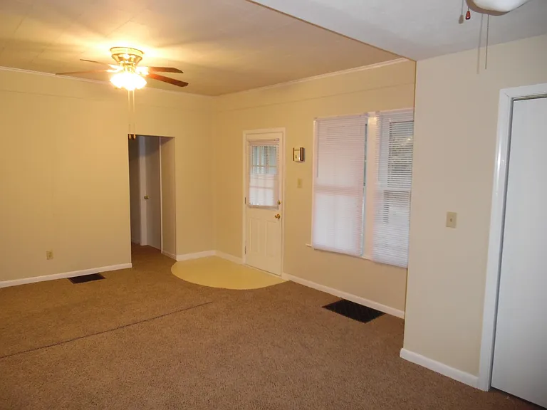 Front entrance into Living Room from front porch. Vinyl entry, ceiling fan/light, door to the left leads to bedrooms and baths, door to the right is coat closet