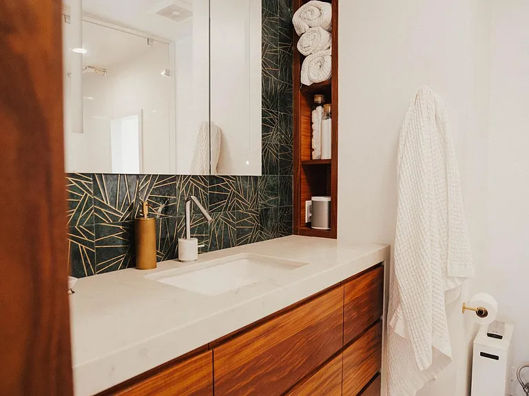 Master bathroom with heater floors, steam shower, and designer finishes