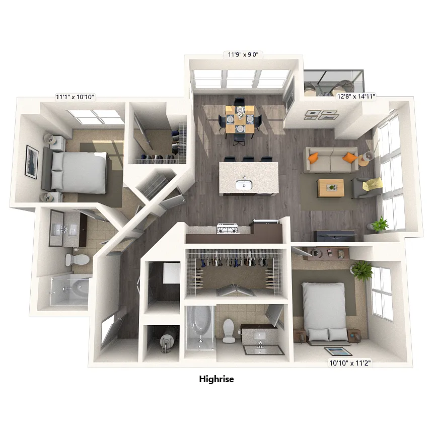 Floor plan High Rise Traditional 2x2 1035-1149 SF
