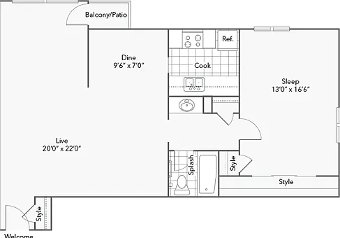 1BR x 1BA with Sunrise View - B Floorplan 1BR x 1BA with Sunrise View - B Floorplan