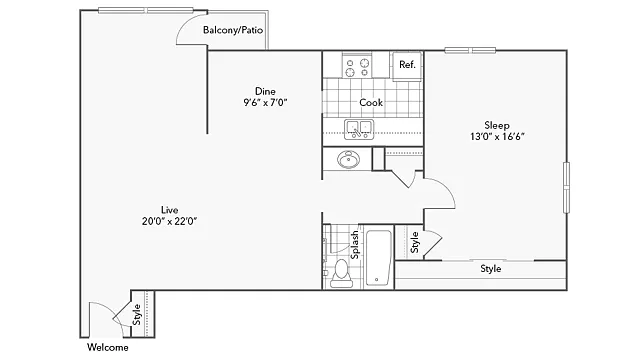 Floor plan 1 BR x 1 BA with Sunrise View - B