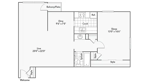 Floor plan 1 BR x 1 BA with Sunrise View - B
