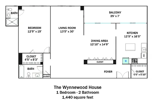 Floor plan 1 Bedroom 2 Bath