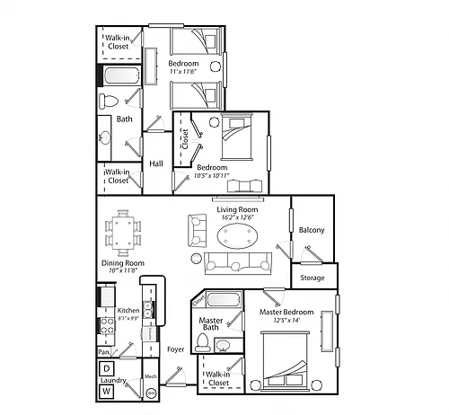 Floor plan Three Bed Two Bath 60%