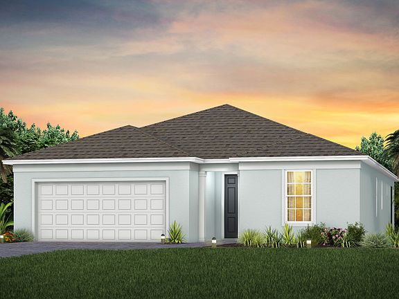 The Prosperity, a one-story single family home with a 2 car garage, shown as home exterior FM1