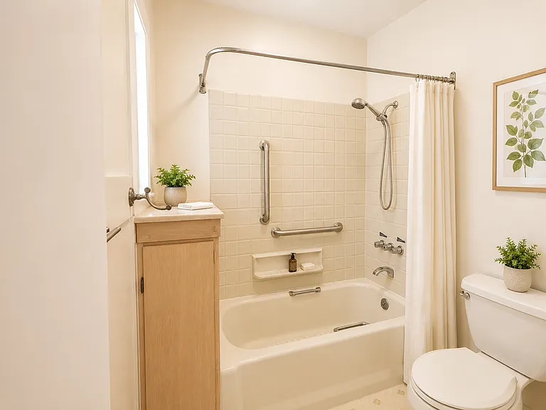 Large bathroom with even more storage. Virtually staged.