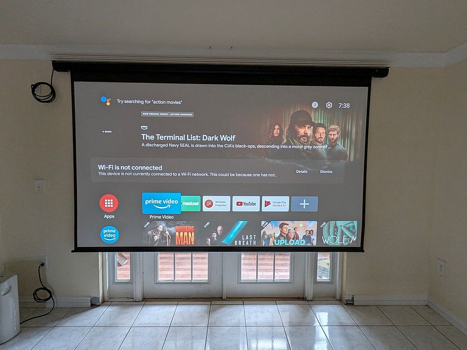 125 inch motorized screen with 4K projector and built-in Android TV