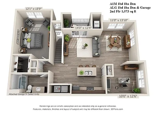 Floor plan 1-Bedroom 1-Bathroom w/ Den | 1,073 sqft