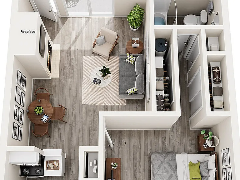 Birch - One Bedroom, 578 sqft, Pantry in Kitchen, Patio/Balcony, Outside Storage, Fireplace in Select Homes, Vaulted Ceilings in Select Homes, and Creek Views in Select Homes. Birch - One Bedroom, 578 sqft, Pantry in Kitchen, Patio/Balcony, Outside Storag