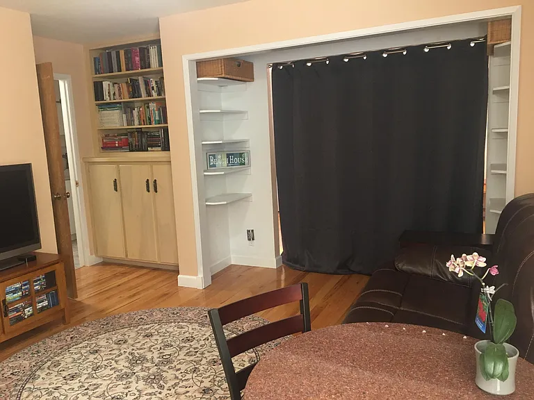 Privacy curtain between bedroom and living area.