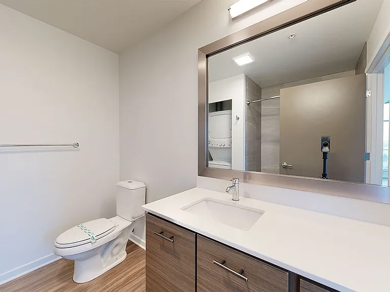 Apartment Bathroom with wood-style flooring.