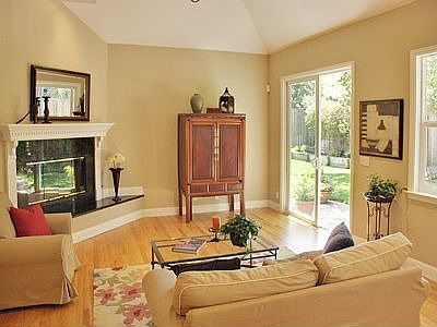 Family room with wood burning fireplace