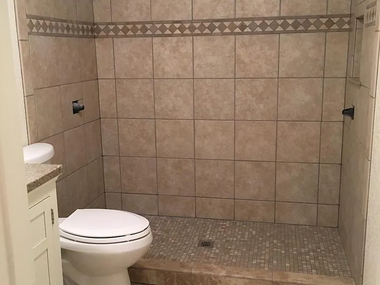 brand new basement bathroom with dual head shower
