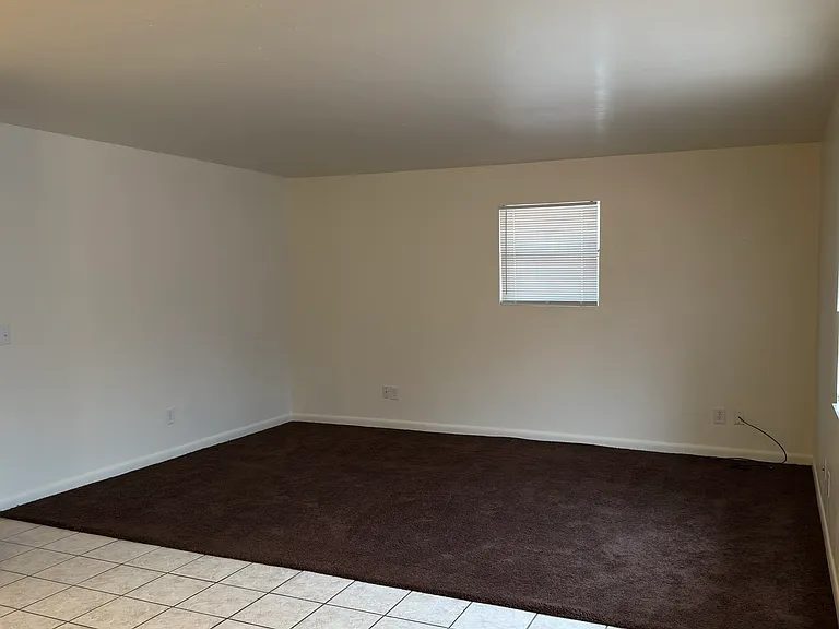 Clever blend of tile and carpeting for living room and open areas.