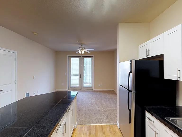 Apartment living room with plush carpet flooring.