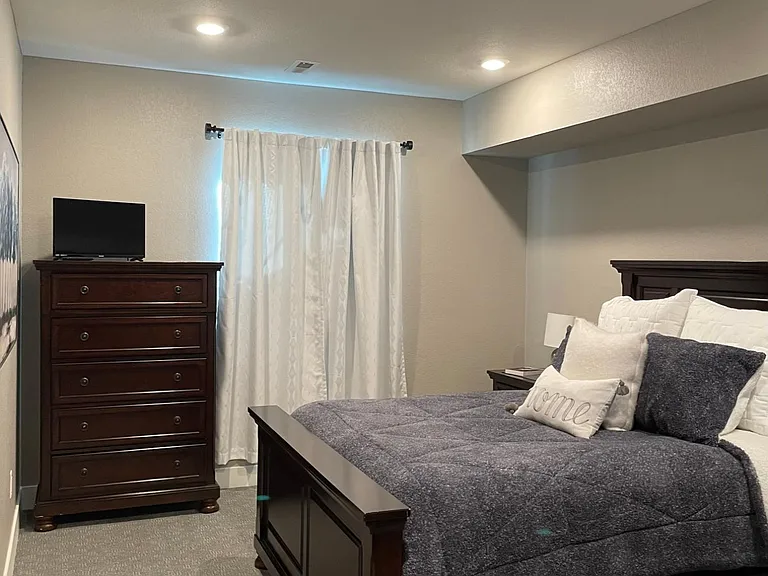 Large basement bedroom with walk-in closet and bathroom