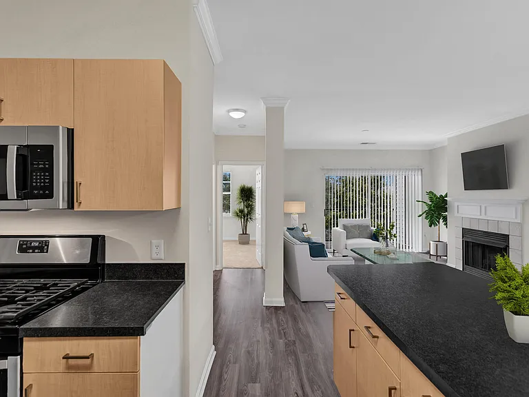 A modern kitchen with black countertops and wooden cabinets.