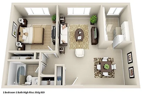 Floor plan Mid-Rise 1 Bedroom, 1 Bath